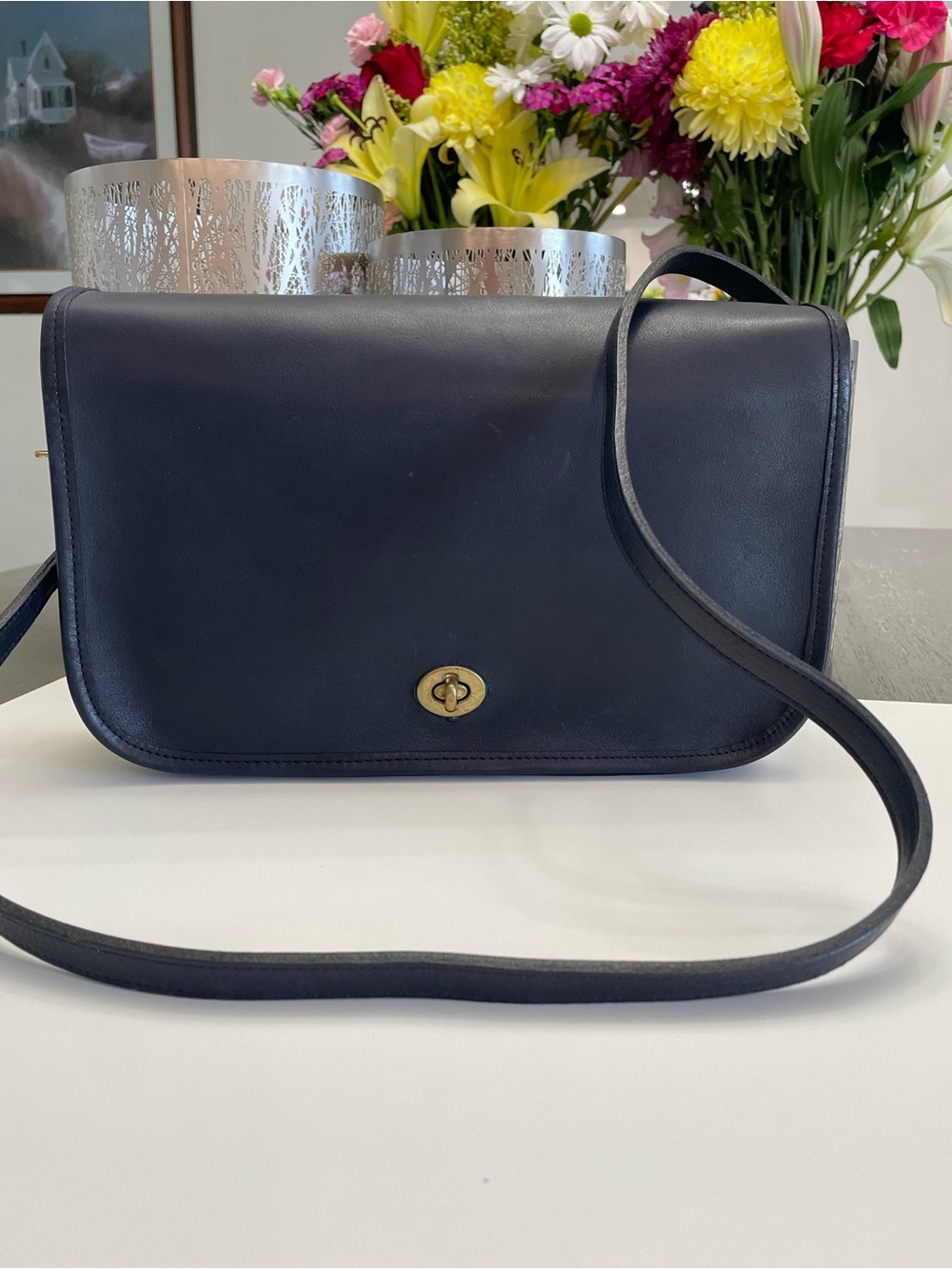RARE 80s Vintage Coach Station Bag 9041 Navy Leather Crossbody USA Made**
